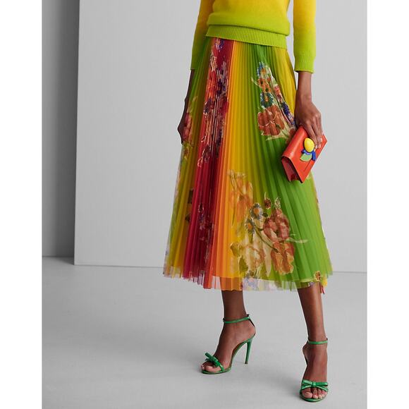 Ralph Lauren Collection Trivelas Floral Pleated Skirt rainbow midi Size 12 - Picture 1 of 12